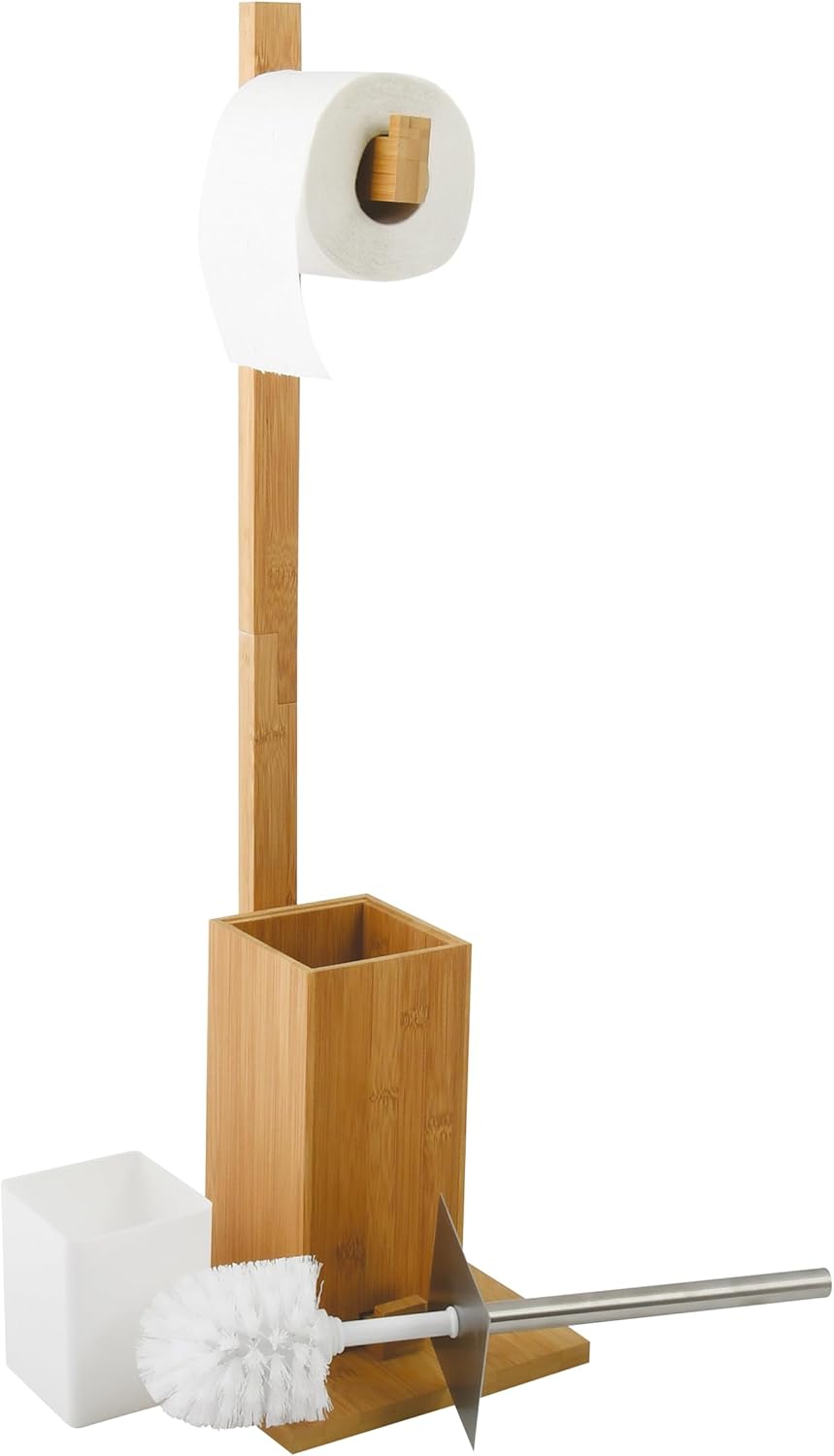 MSV 140632 WC Garnitur aus Bambus Toilettenpapierhalter aus Holz mit separatem Kunststoffbehälter