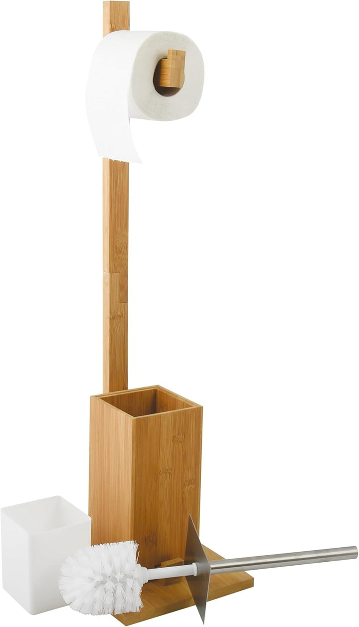 MSV 140632 WC Garnitur aus Bambus Toilettenpapierhalter aus Holz mit separatem Kunststoffbehälter