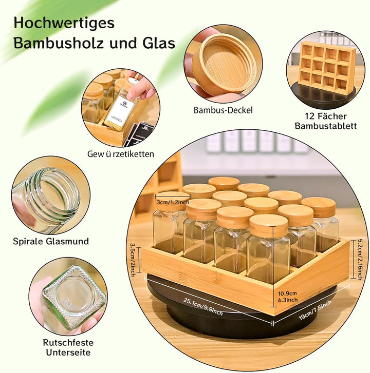 SIAZIH Umweltfreundliches Gewürzregal Holz mit 12 Bambusfächern | 12 120ml-Gewürzgläser Drawer Organ