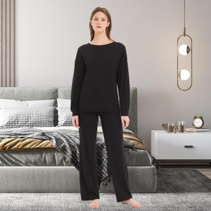 Mnamo Damen Schlafanzug Weich Gestricktes Pyjama Set Gemütliche Nachtwäsche Baumwolle und Modal Atmu