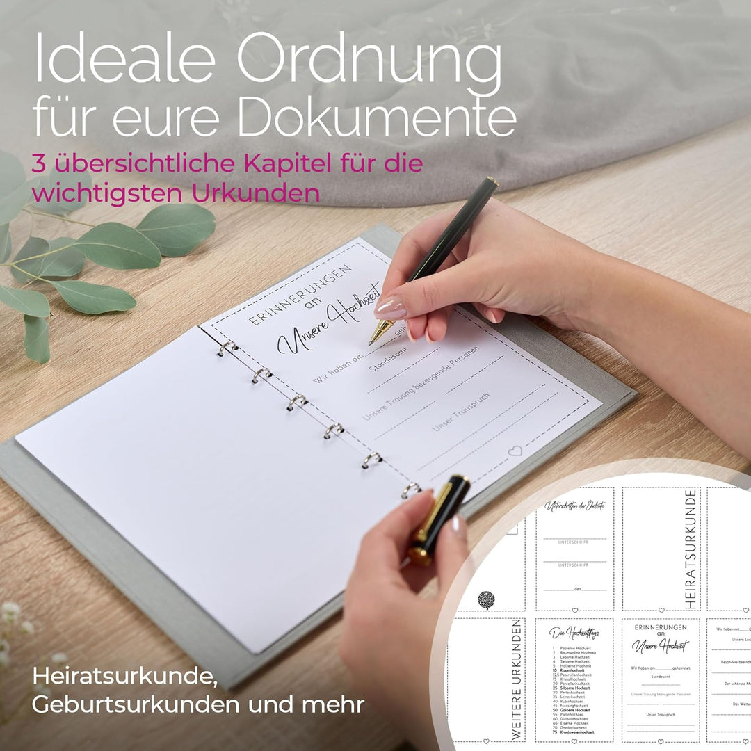 Hochzeitideal – Stammbuch der Familie Amore grau 21,0 cm x 15,0 cm - Buchbinderleinen Hochzeit - Fam