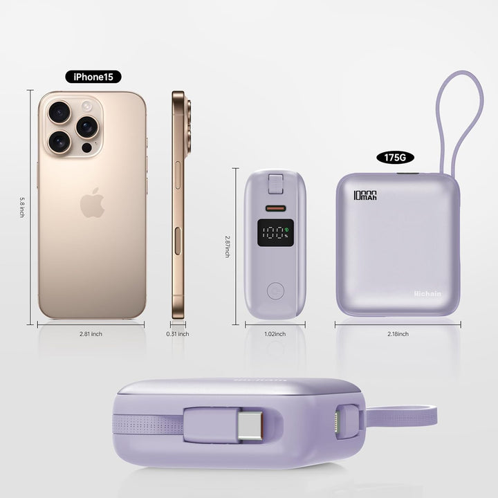Hichain Power Bank Klein, 10000mAh 22,5W Powerbank USB C Schnellladen mit Integriertem USB-C Kabel,