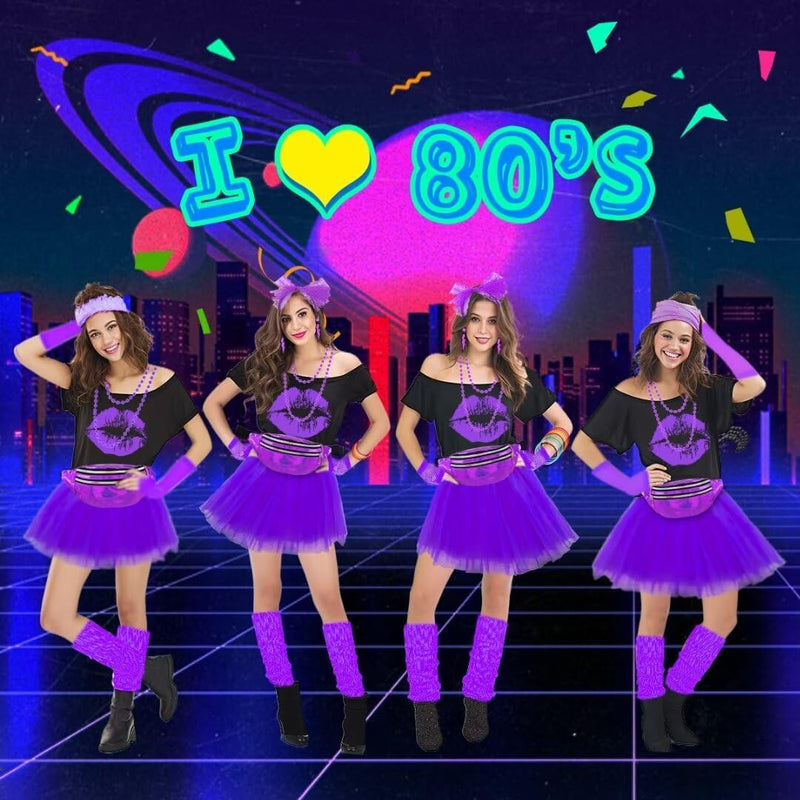 WILDPARTY 80er Jahre Outfit Damen Set, T-Shirt, Tutu, Gürteltasche, Stirnband, Ohrring, Halskette, N