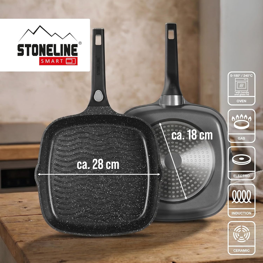 STONELINE SMART Grillpfanne 28 cm, Grosse Steak Pfanne Aluguss, Abnehmbarem Griff, Pfanne Induktion,