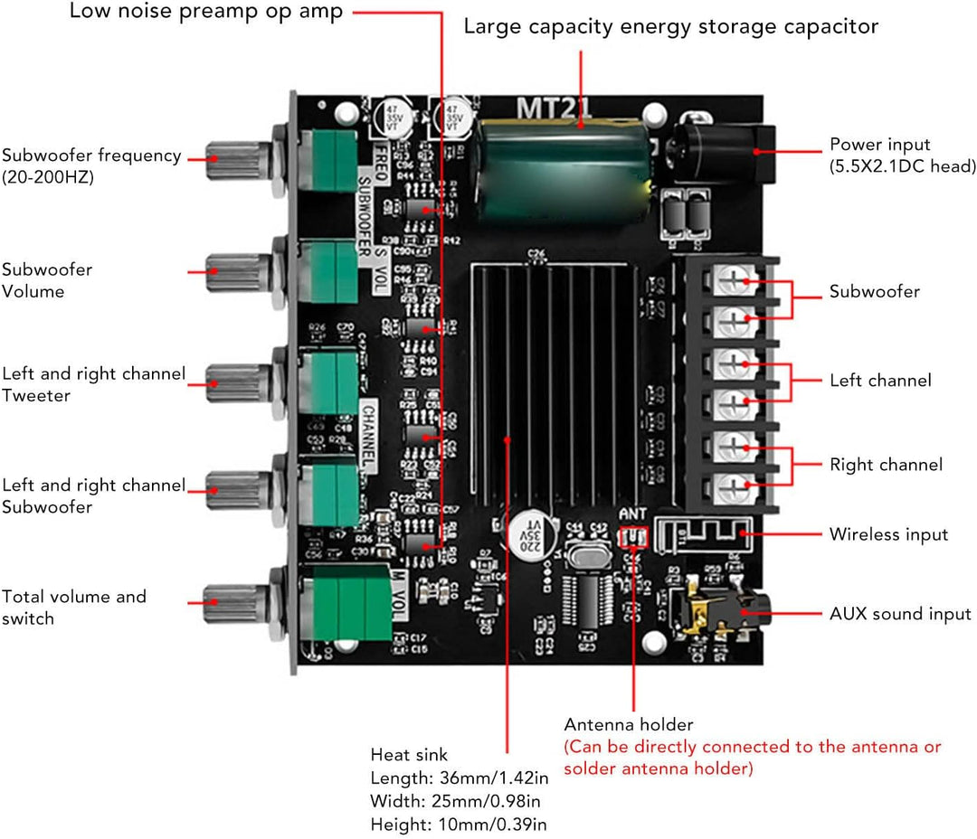 ZK-MT21 Bluetooth-Leistungsverstärkerplatine, 2.1-Kanal DC 12 V Bis 24 V HiFi-DIY-Audio-Leistungsver