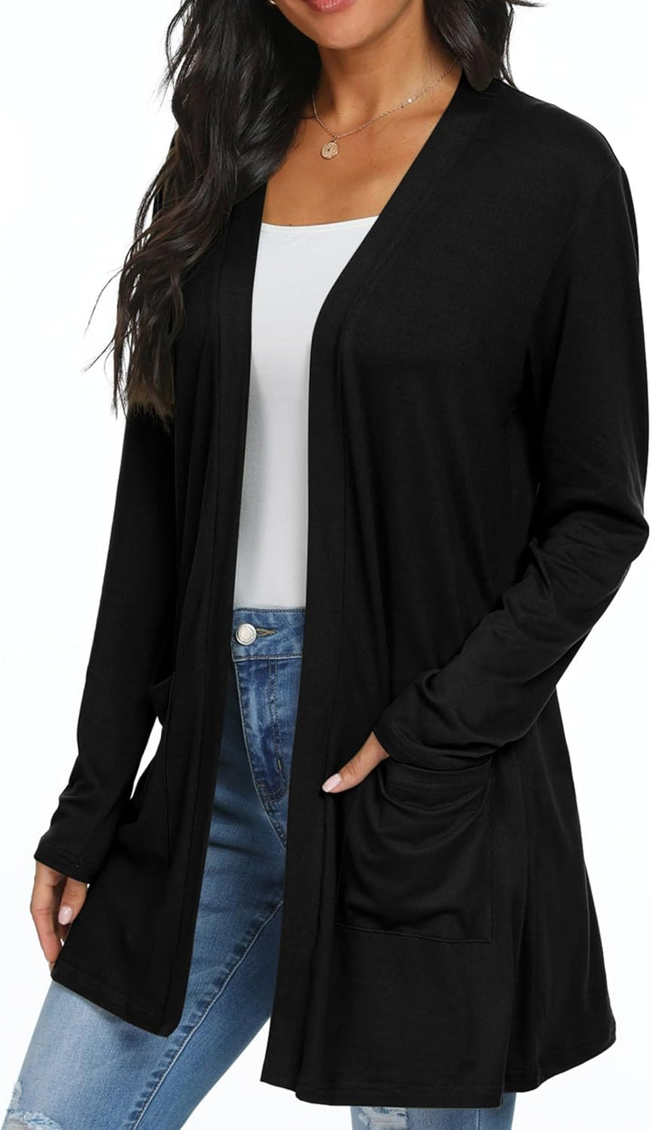 QIXING Casual Leichte Strickjacke Damen Lang Elegant Dünne Strickjacke Lange Ärmel mit Taschen Open