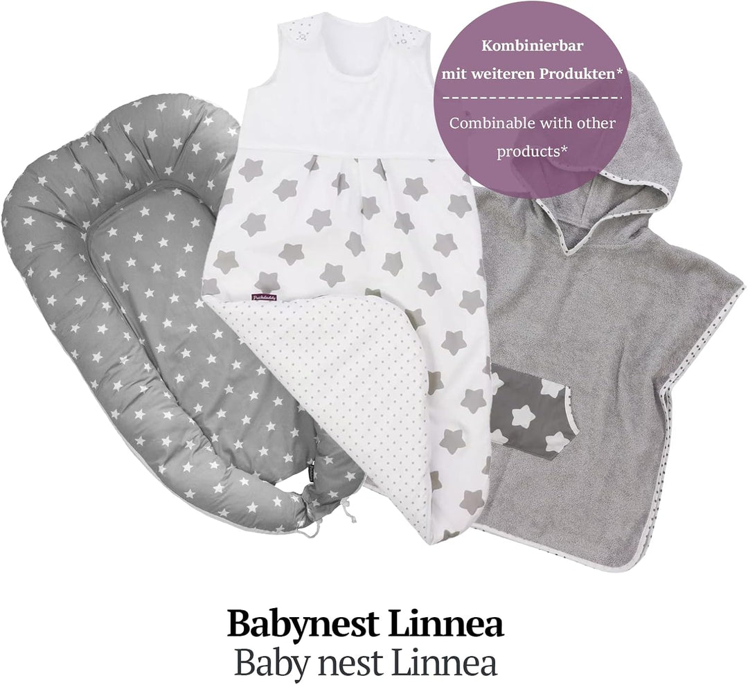 Puckdaddy Linnea | Babynest | 105x60cm | Kuschelnest in Grau | Stern und Pünktchen Muster | Kuschelp
