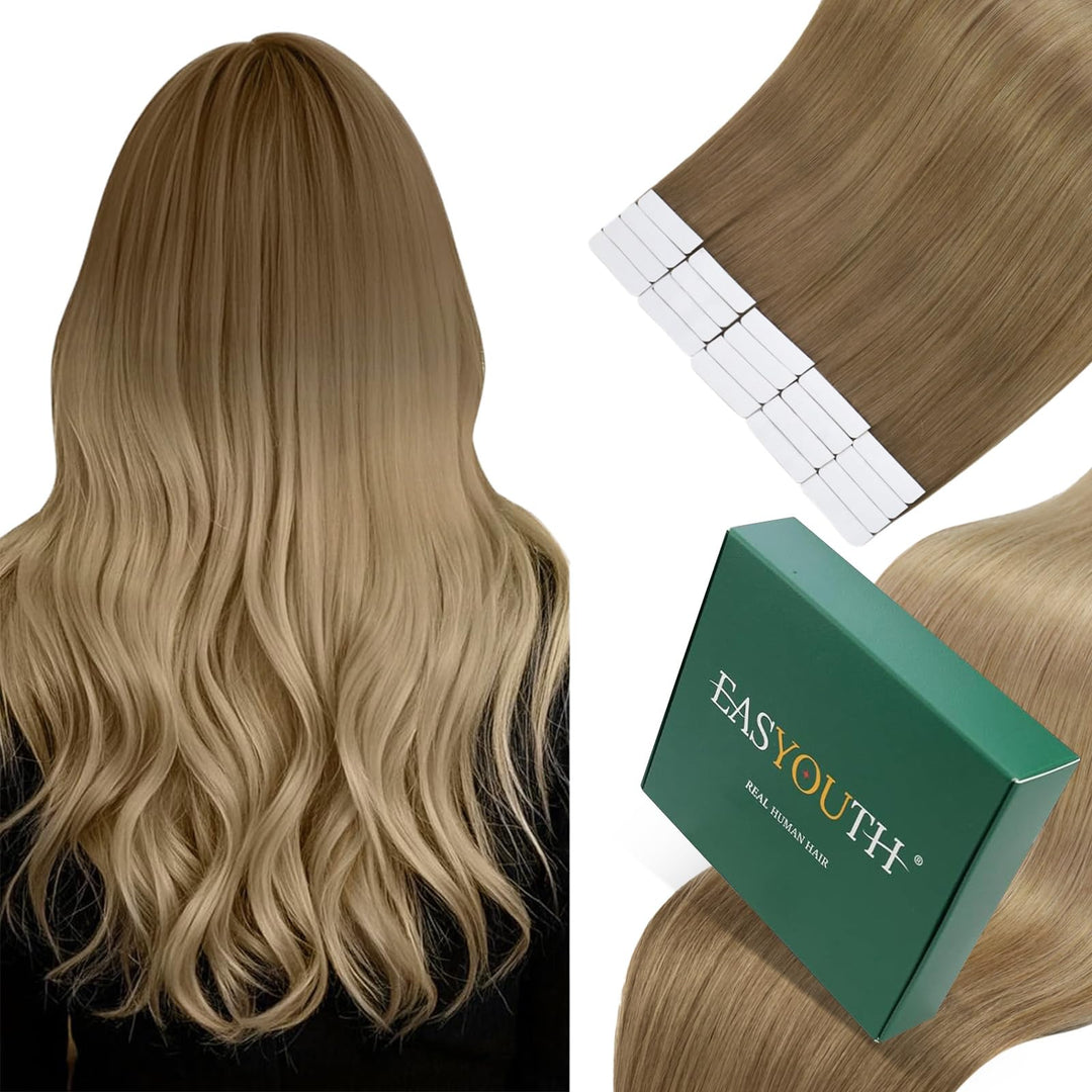 Easyouth Tape in Extensions Echthaar Tape in Extensions Goldbraun Mix Dunkelgolden Blond Tape in Ext