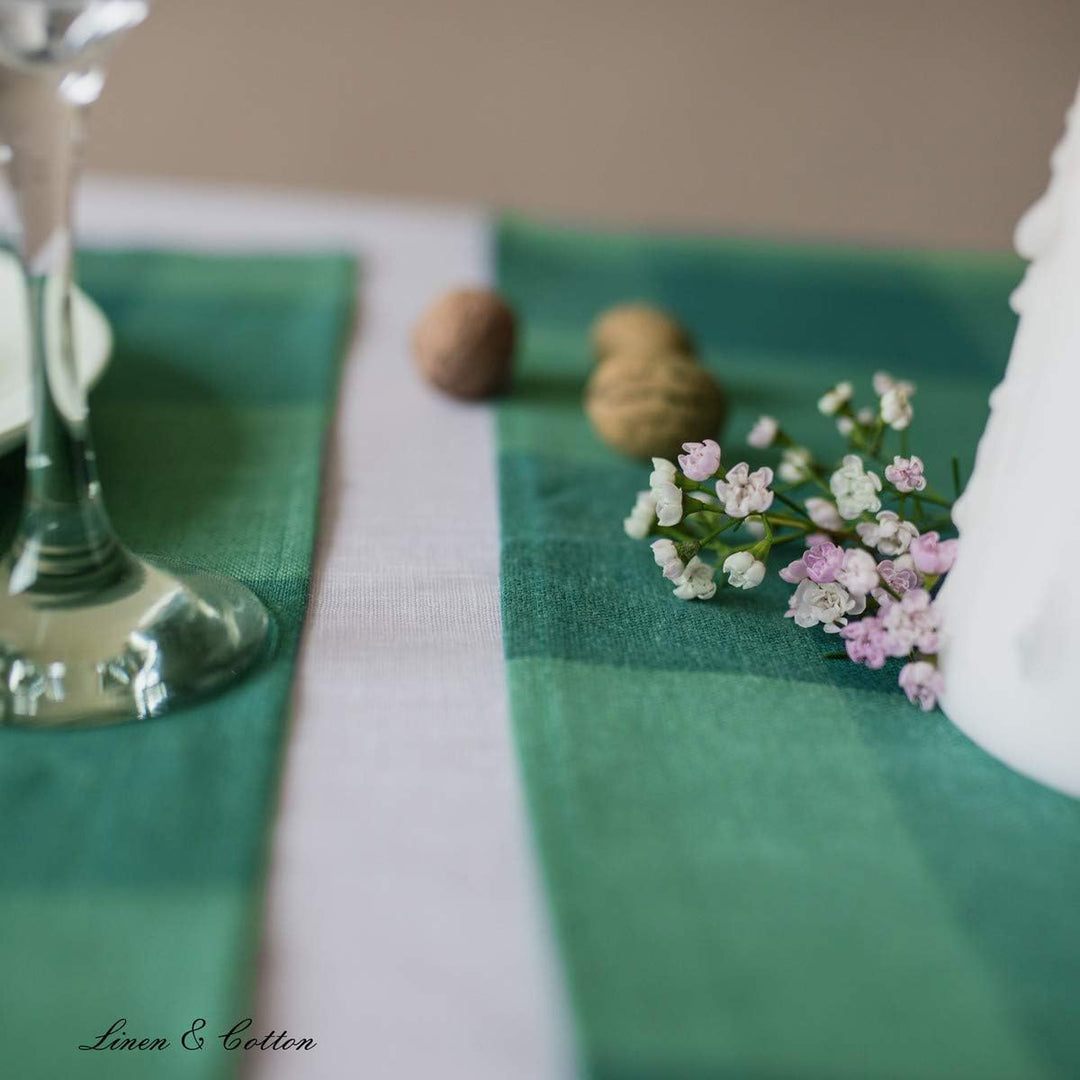 Linen &amp; Cotton Tischläufer Stoff Läufer Tischwäsche Kariert Bunt Emerald - 100% Leinen, Grün Mint Gr
