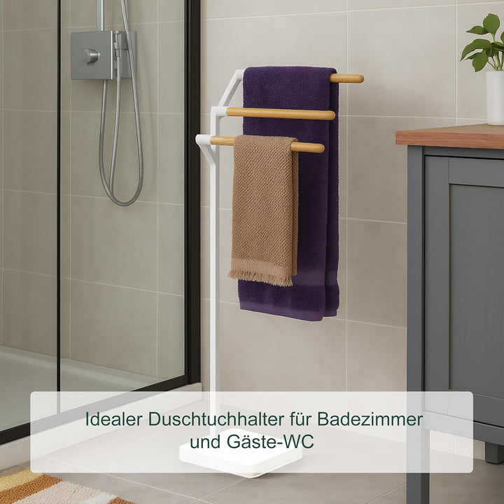 Relaxdays Handtuchständer, HxBxT: 75 x 38,5 x 18 cm, Metall, Bambus, 3 Stangen, Handtuchhalter stehe