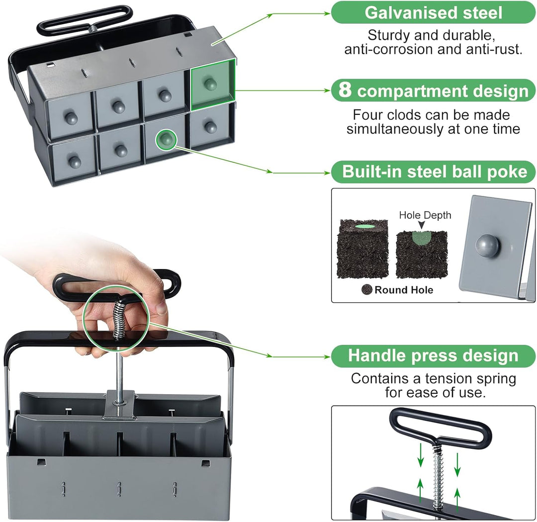 Manuelle Erdballenpresse Anzucht, für 8 Soil Block von 5x5x5cm, Handgehaltener Bodenblocker mit Säma