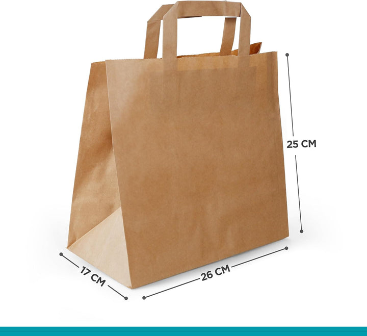 250 Stück Commerline Papiertüten Braun 26+17x25 cm | Kraftpapier Tüten Klein Mit Henkel | Tragetasch