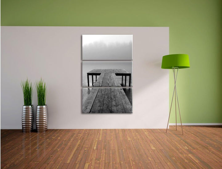 Pixxprint Steg am See Nebel 3-Teiler Leinwandbild 120x80 Bild auf Leinwand