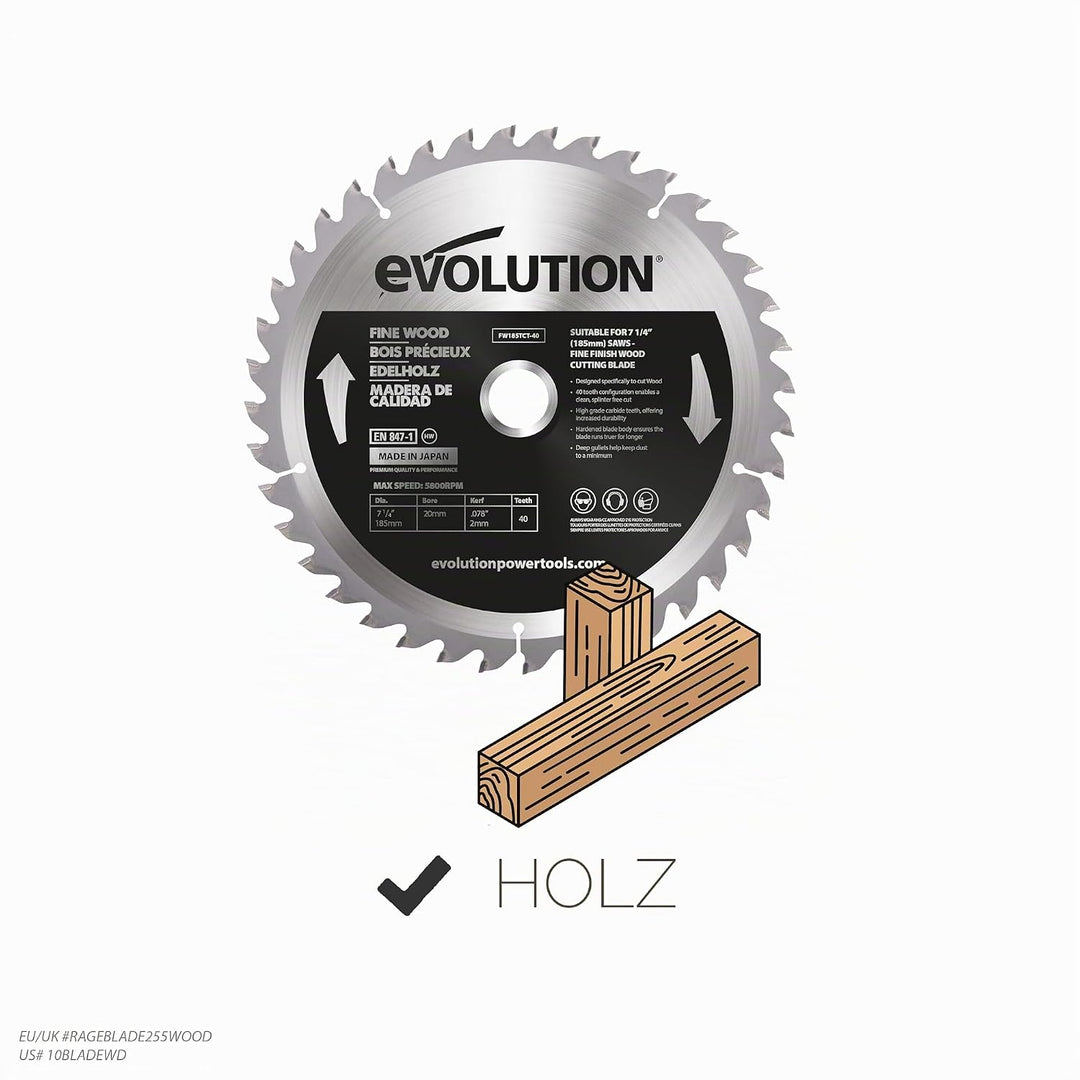 Evolution FW185TCT-40 - 185 mm feines Holzsägeblatt - Hartmetallbestücktes Sägeblatt mit 40 Zähnen l