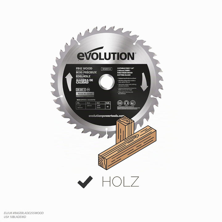 Evolution FW185TCT-40 - 185 mm feines Holzsägeblatt - Hartmetallbestücktes Sägeblatt mit 40 Zähnen l