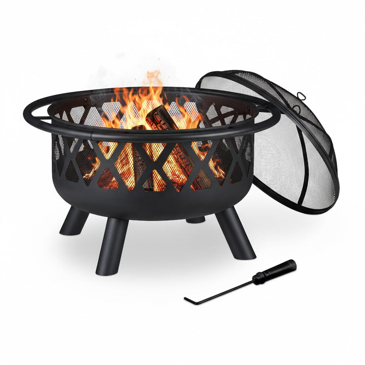 Relaxdays Feuerschale mit Funkenschutz, Garten & Terrasse, mit Schürhaken, Outdoor Feuerstelle, Stah