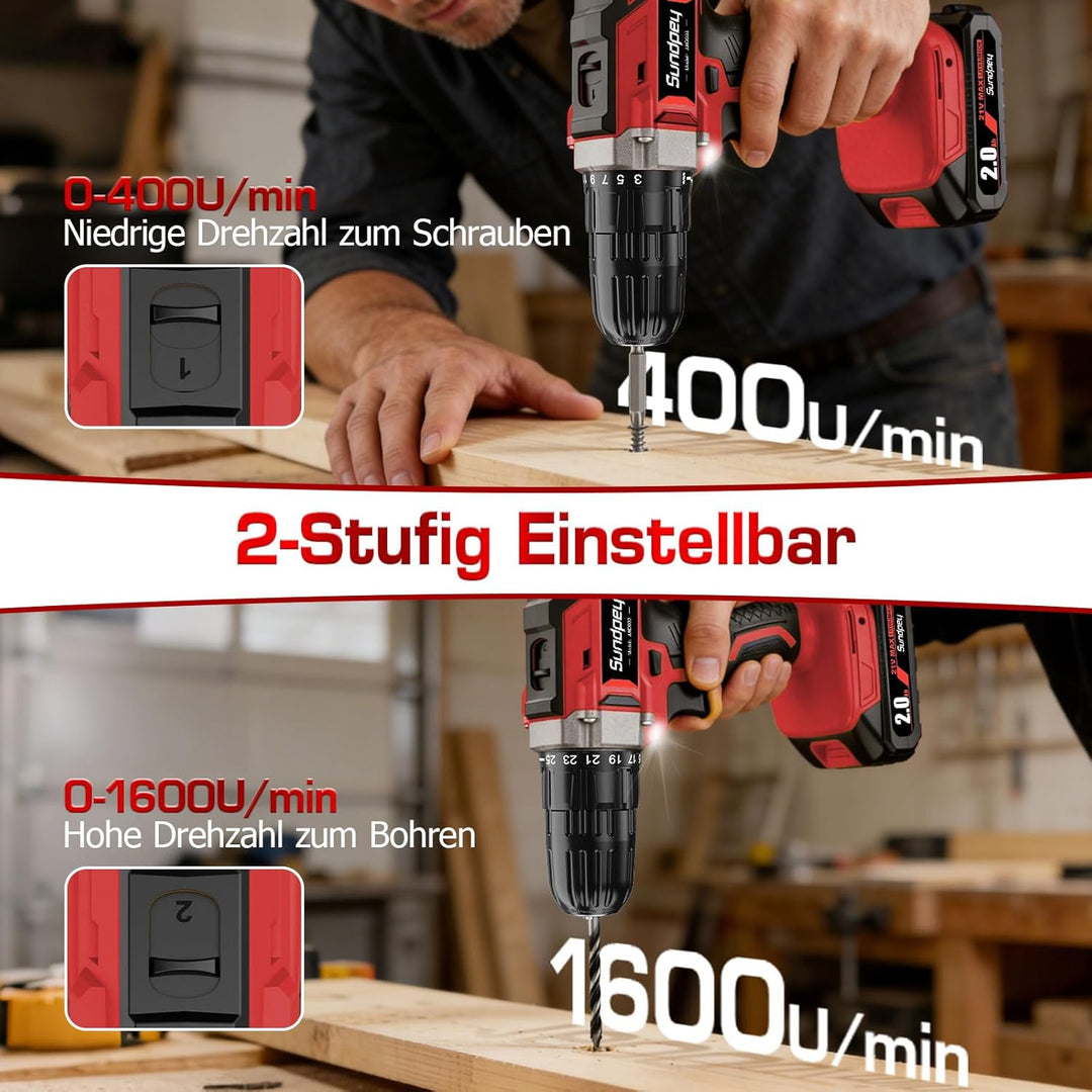 Akkuschrauber mit 2000mAh Akku - 21V 45Nm Max Akku Bohrschrauber, Kompatibel mit Makita Akku, Akkubo