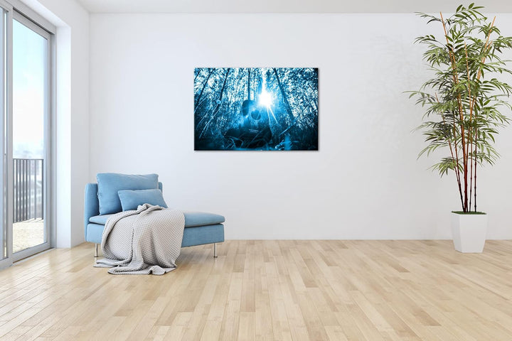 deyoli akustische Gitarre im idyllischen Wald Format 60x40 Effekt: Monocrome Blau als Leinwandbild,