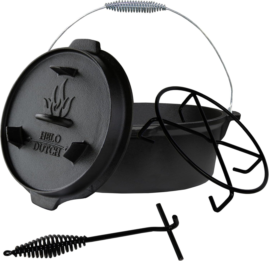 Dutch Oven Set Gusseisen 1,8L-13,6L – Feuertopf mit Deckelheber, Schmortopf mit & ohne Füsse, Schlit