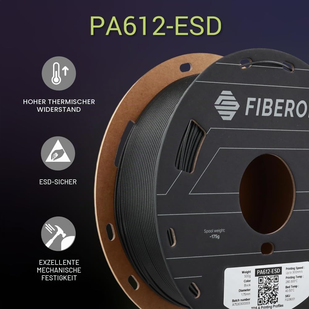 Polymaker Fiberon PA612-ESD Filament, 1,75 mm, schwarz, 0,5 kg 111 Fiberon Pa612-esd 1,75 mm schwarz
