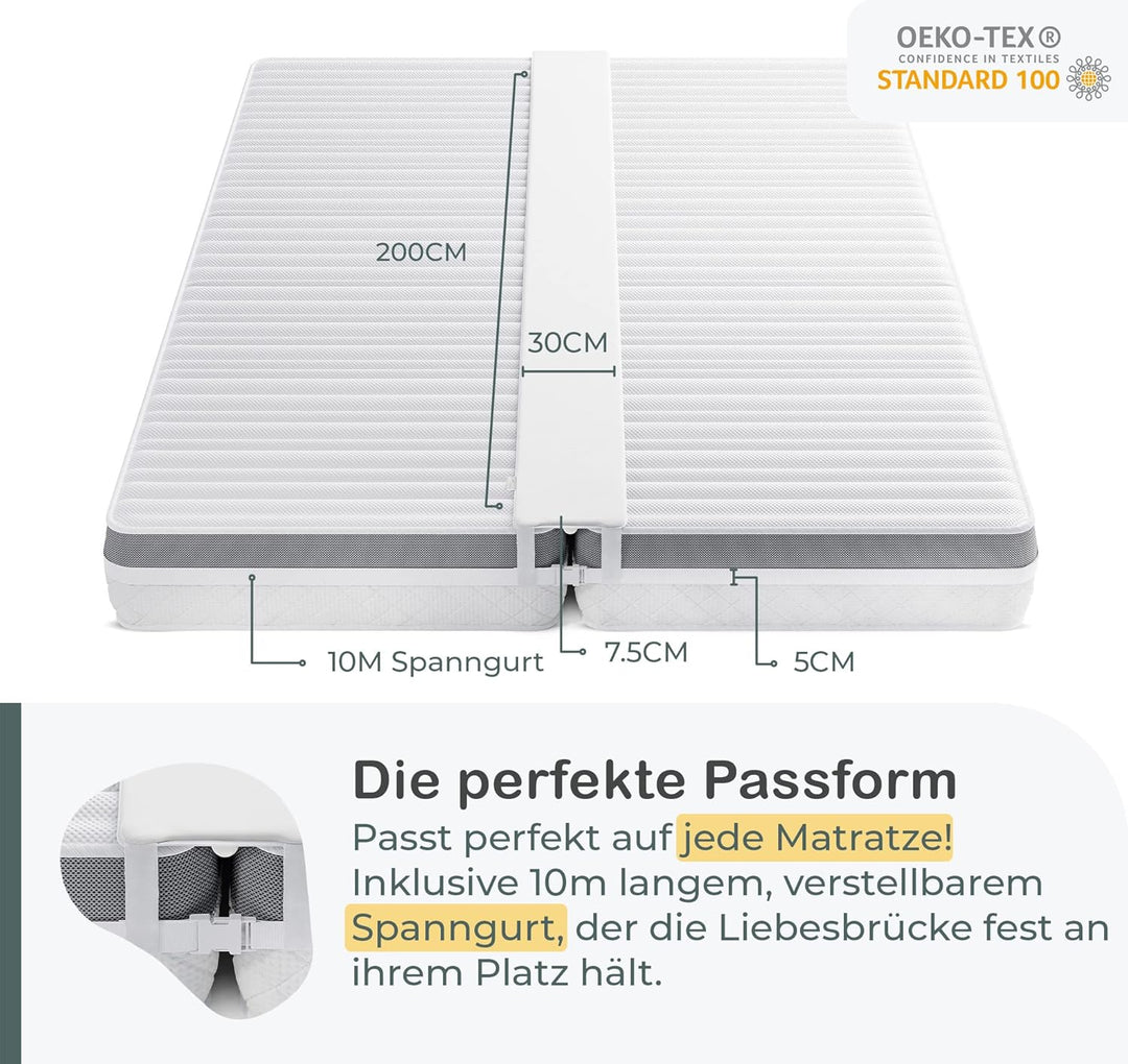 COMFYCENTRE Extra Breite Liebesbrücke für Matratzen mit Spanngurt [30 x 200cm] - Perfekt für 180 x 2