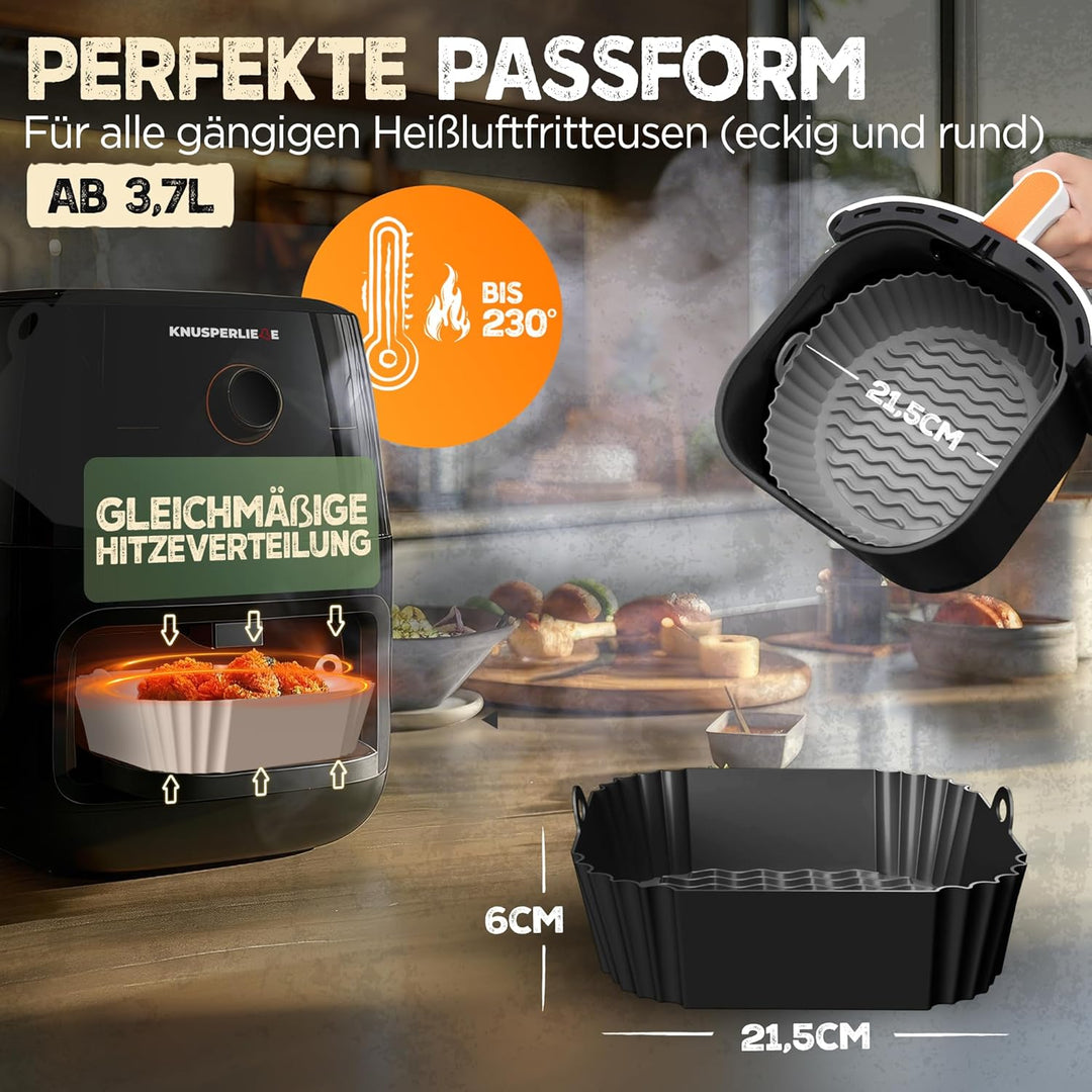 KNUSPERLIEBE® 3er SET Silikonform für Heissluftfritteuse Zubehör | Silikoneinsatz für Airfryer, Spül