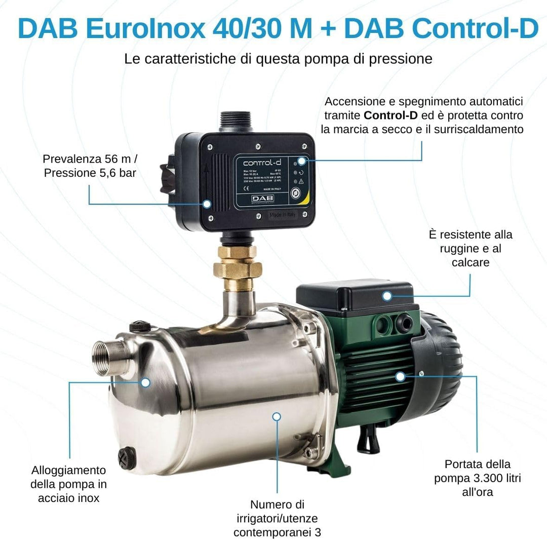 DAB EuroInox 40/30 M + DAB Control-D Hauswasserautomat - 3300 L/Std. - 880W - Förderhöhe 56 m - Rost