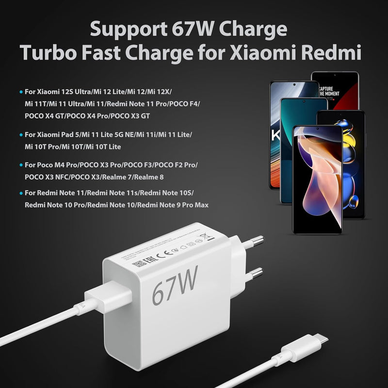 67W Turbocharge Ladegerät mit USB C Ladekabel für Xiaomi,USB Netzteil Adapter für Xiaomi 13T 13 Pro