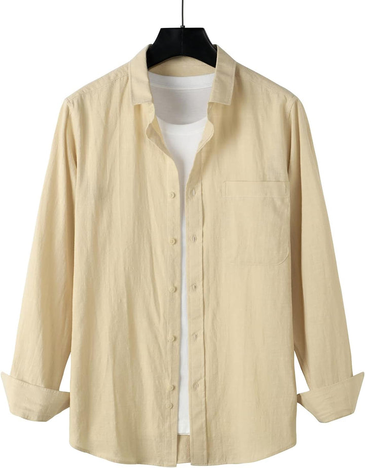 PARKLEES Herren Regular Fit Baumwolle wie Leinen Hemd Casual Langarm Button Down Shirts mit Tasche S