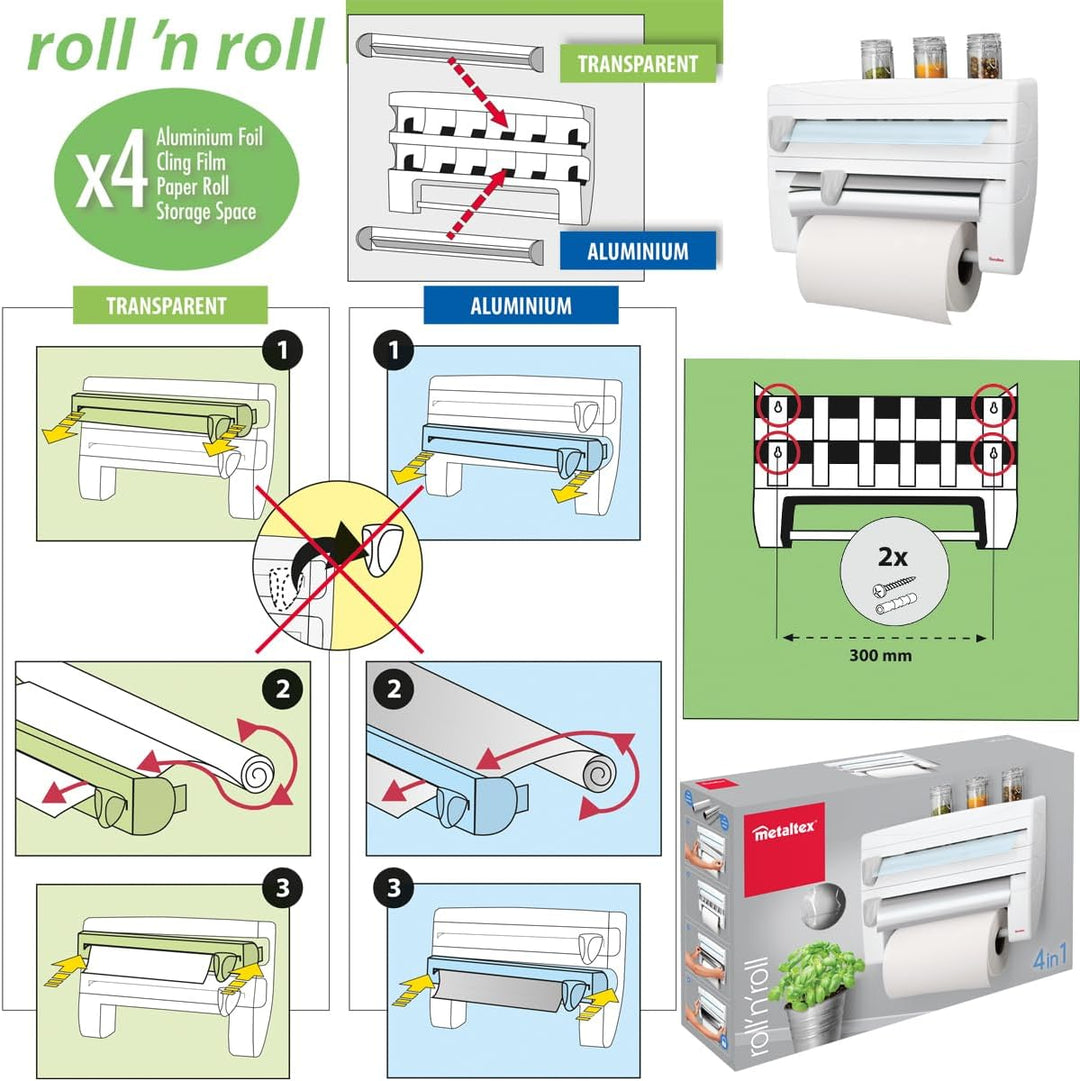 Metaltex 254410 Roll-n-Roll 4-in-1 Küchenrollenhalter, Weiss , 39 x 10 x 25 cm.
