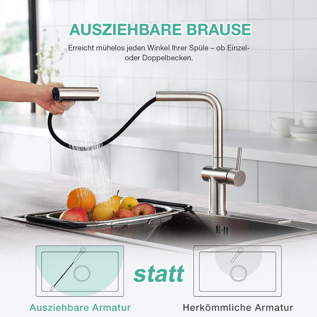Faustina Küchenarmatur mit 4-Wasserstrahlarten-Brause Ausziehbar, Hochdruck Einhebelmischer Armatur