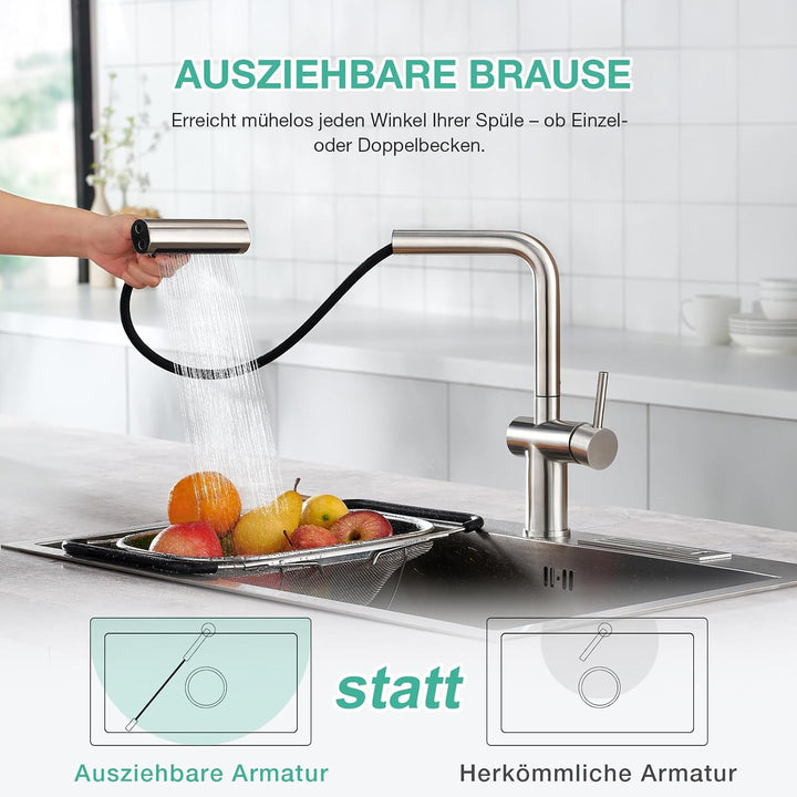 Faustina Küchenarmatur mit 4-Wasserstrahlarten-Brause Ausziehbar, Hochdruck Einhebelmischer Armatur