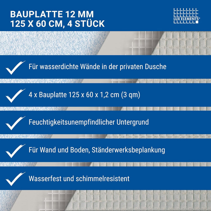 LUX ELEMENTS Bauplatte Fertig zum Verfliesen, 125 x 60 cm, 4 Stück (3 qm) LELEE4135, Grau, 12 mm Bau