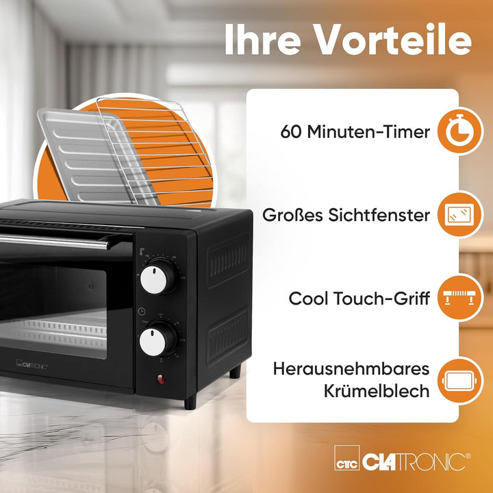 Clatronic MB 3746 Minibackofen, 8 Liter Backraum, Ober- und Unterhitze, 60 Minuten-Timer mit Endsign