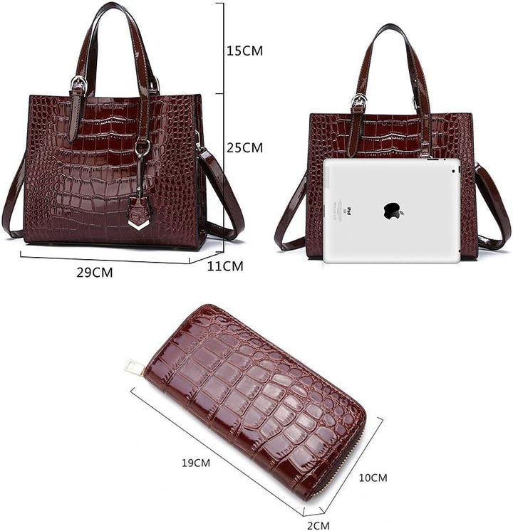Coolives Damen Set Handtaschen mit 2 Stück Krokodil-Muster Schultertasche Umhängetasche EINWEG Braun