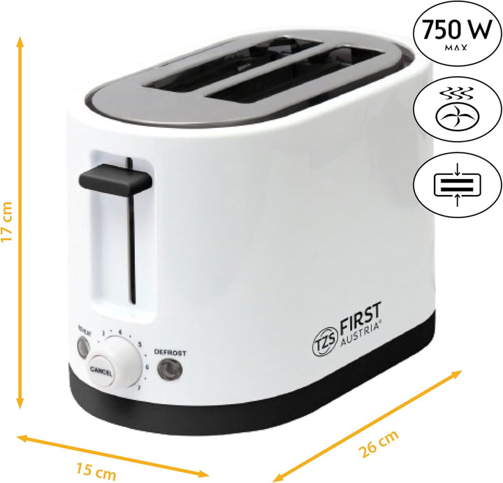 TZS First Austria Doppel Kurzschlitz Toaster, 2 Scheiben, weiss, 750W, 7 Stufen, Warmhalte- und Auft