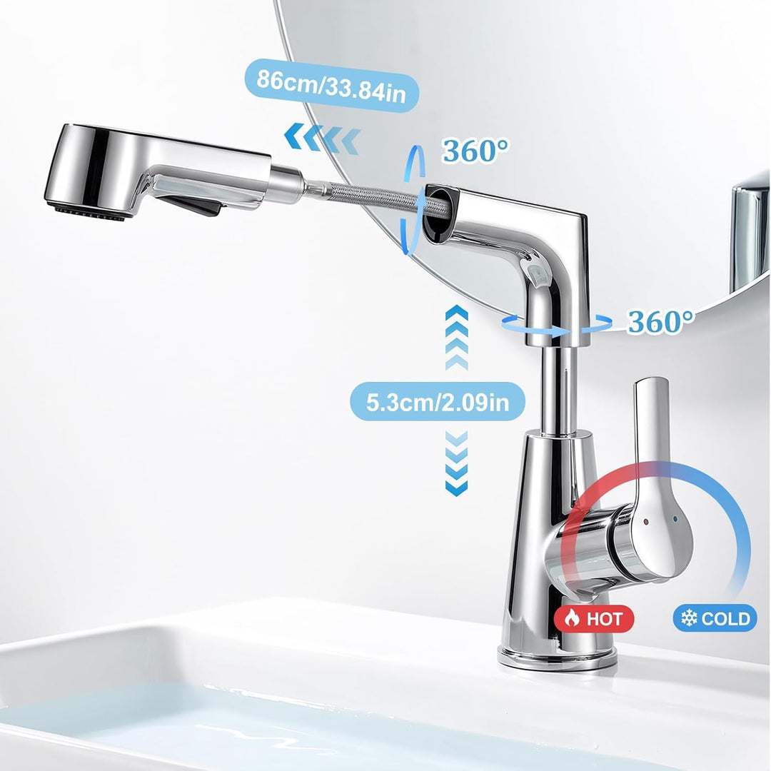 Wasserhahn Bad Höhenverstellbar 6cm Messing 360° Drehbar Chrom | Waschtischarmatur mit Herausziehbar