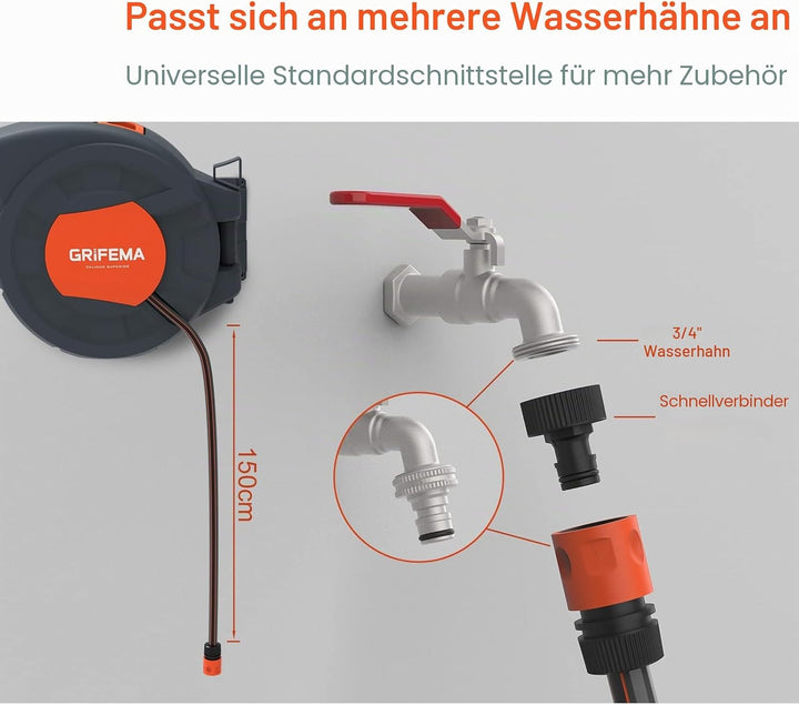 GRIFEMA G301-15, Schlauchtrommel zur Wandmontage, Schlauchbox mit 15m Schlauch, Wandschlauch-Aufroll