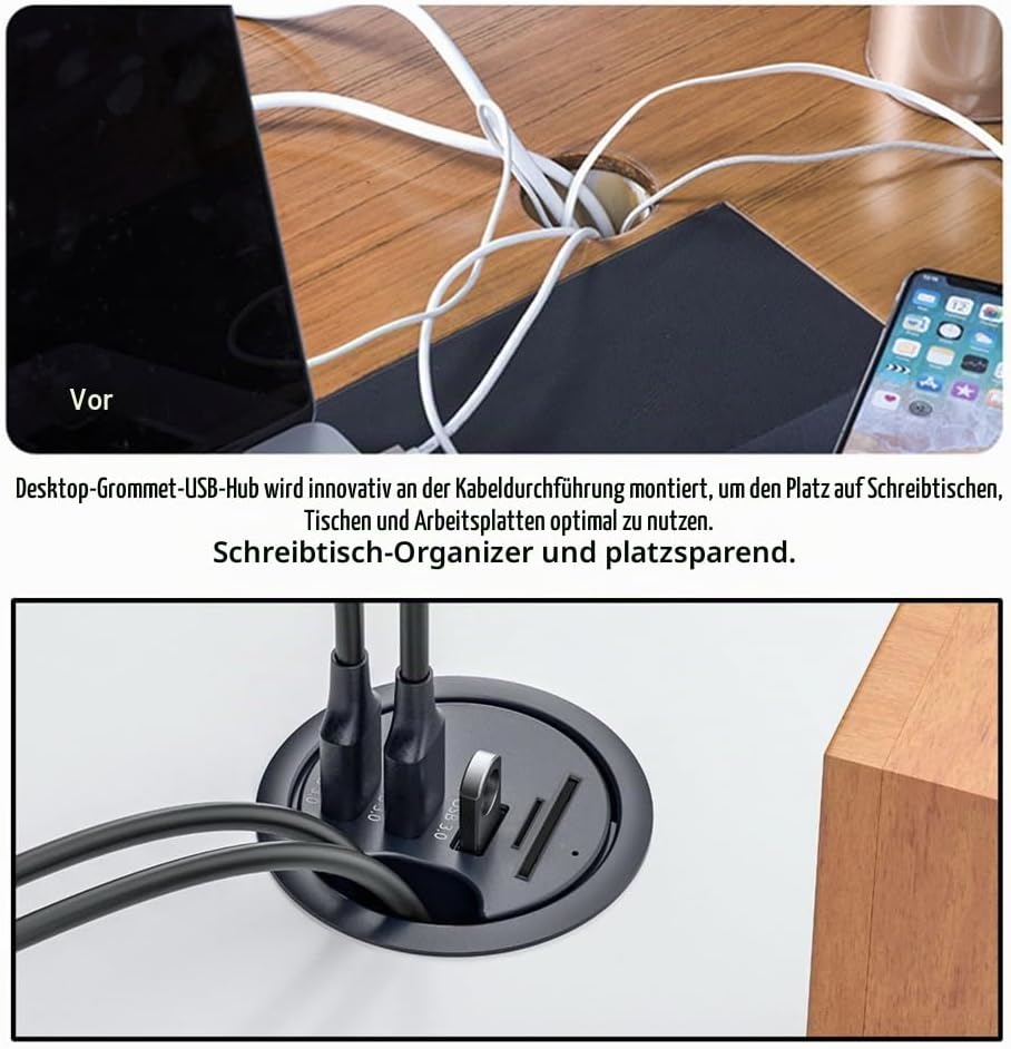 xiwai USB 3.0 Hub Splitter, SD TF 3 Port USB Multiport Expander 60mm Desk Grommet Dock Station Micro