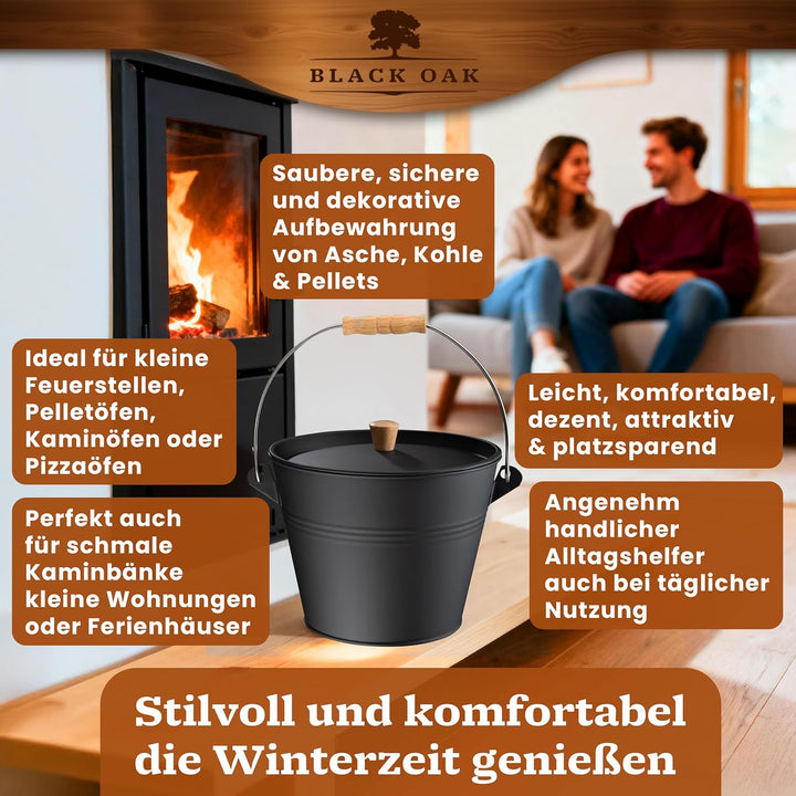 BLACK OAK Ascheeimer PAGO 5L - schwarz mit Deckel & Holz-Griff + Handschuhen - 5L gross Stahl feuerf