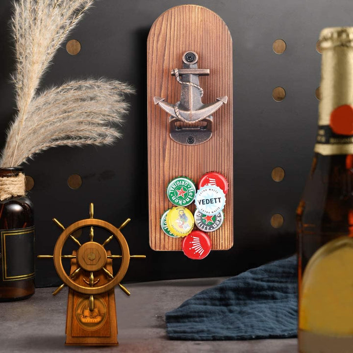 ZONSUSE Flaschenöffner Wand Magnet mit Auffangbehälter,Vintage Holz Bieröffner Wand mit Behälter,Mag
