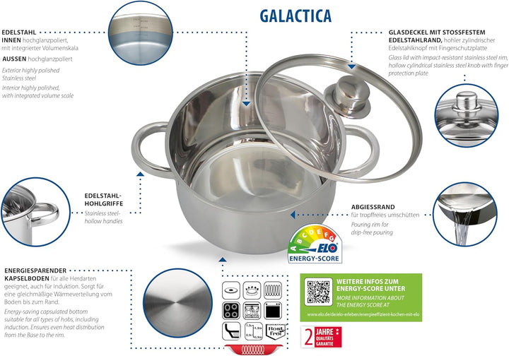 ELO Basic Topfset Galactica 5 tlg., Edelstahl, Glasdeckel, für alle Herdarten geeignet, mit Volumens