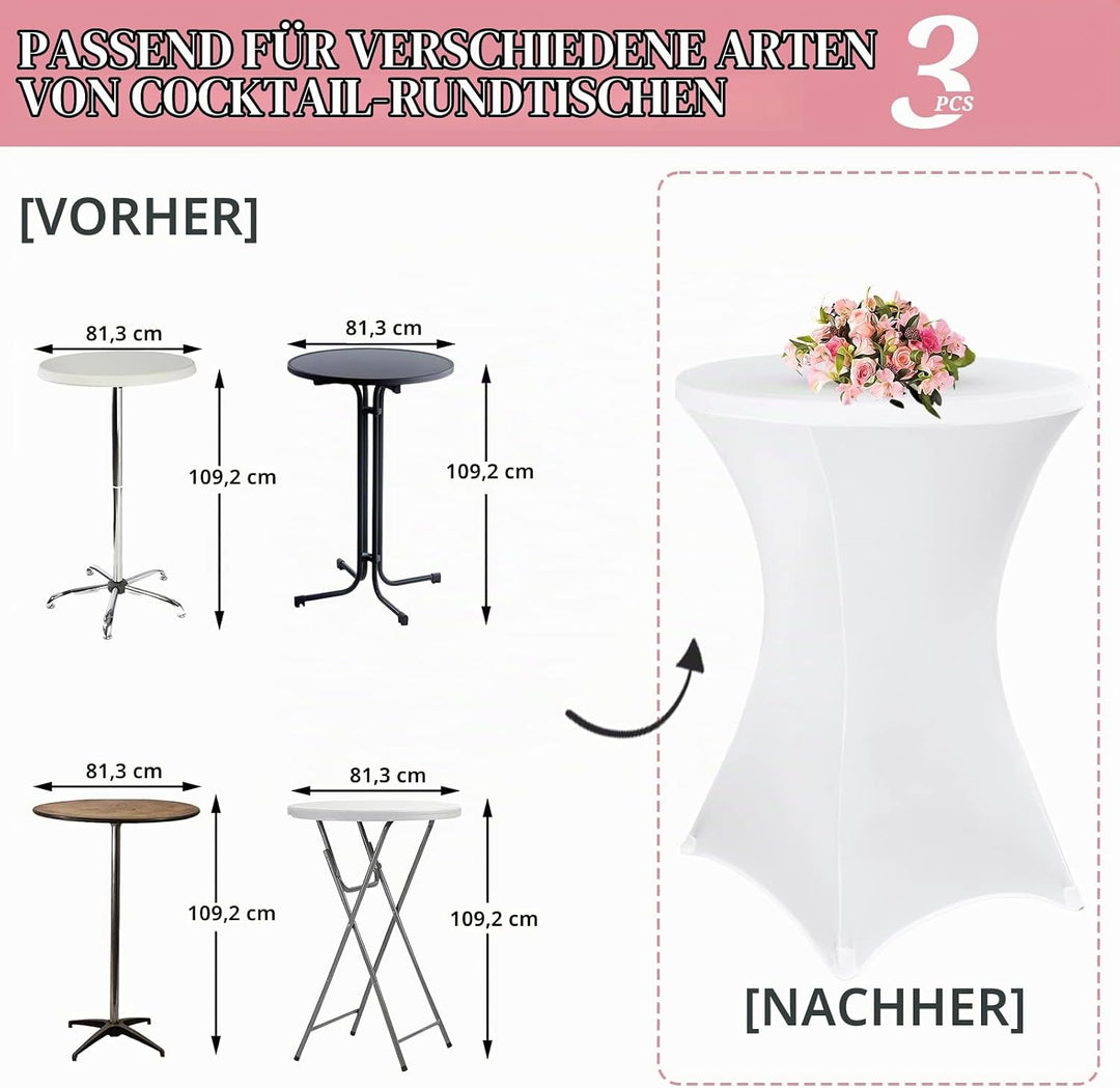 3 Stück Weiss Stehtisch Hussen Stehtische, Stehtischhusse für Ø 80-85 cm Stehtische und Bistrotische