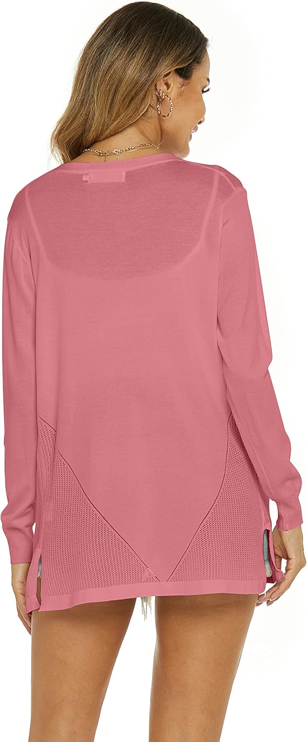 Damen Strickjacke Sommer Cardigan Elegant Lang Jacke Leichte Langarm Offene Strickjacke Sommerjacke