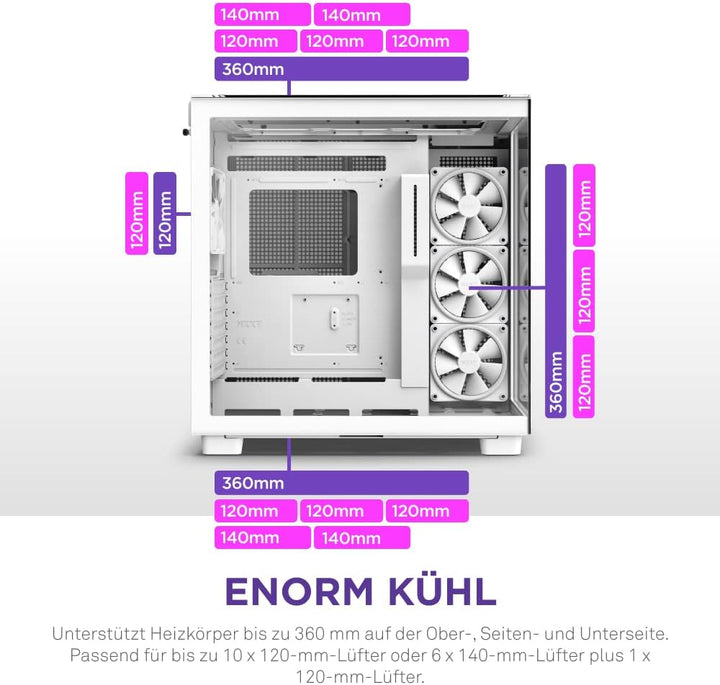 NZXT H9 Elite Dual-Chamber ATX Mid-Tower PC Gaming-Gehäuse – CM-H91EW-01 - Enthält 3 x 120mm F120 RG