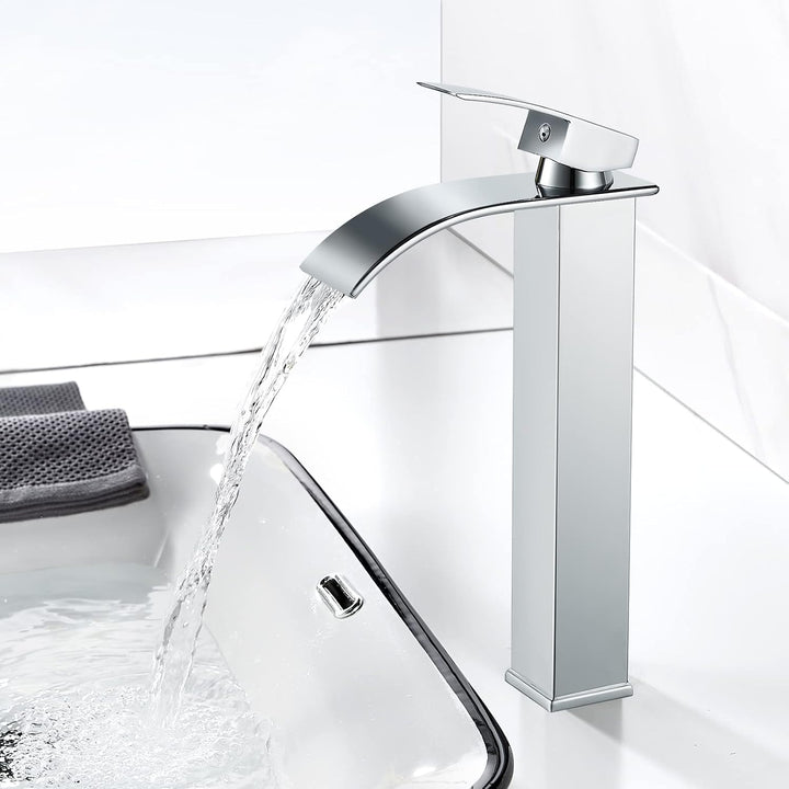 kisimixer Modern Wasserfall Wasserhahn Bad Hoch, Waschtischarmatur Hoch Wasserfall Aufsatzwaschbecke