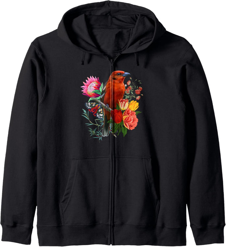Roter Fliegenfänger mit Blumen und Schmetterlingen Kapuzenjacke