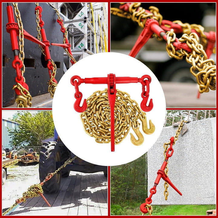 Kettenspanner-Set (3/8"-1/2"), 2 x 3 m (10 Fuss) 3/8"-Ketten und 2 Ratschenspanner,Ratschen-Kettenbi