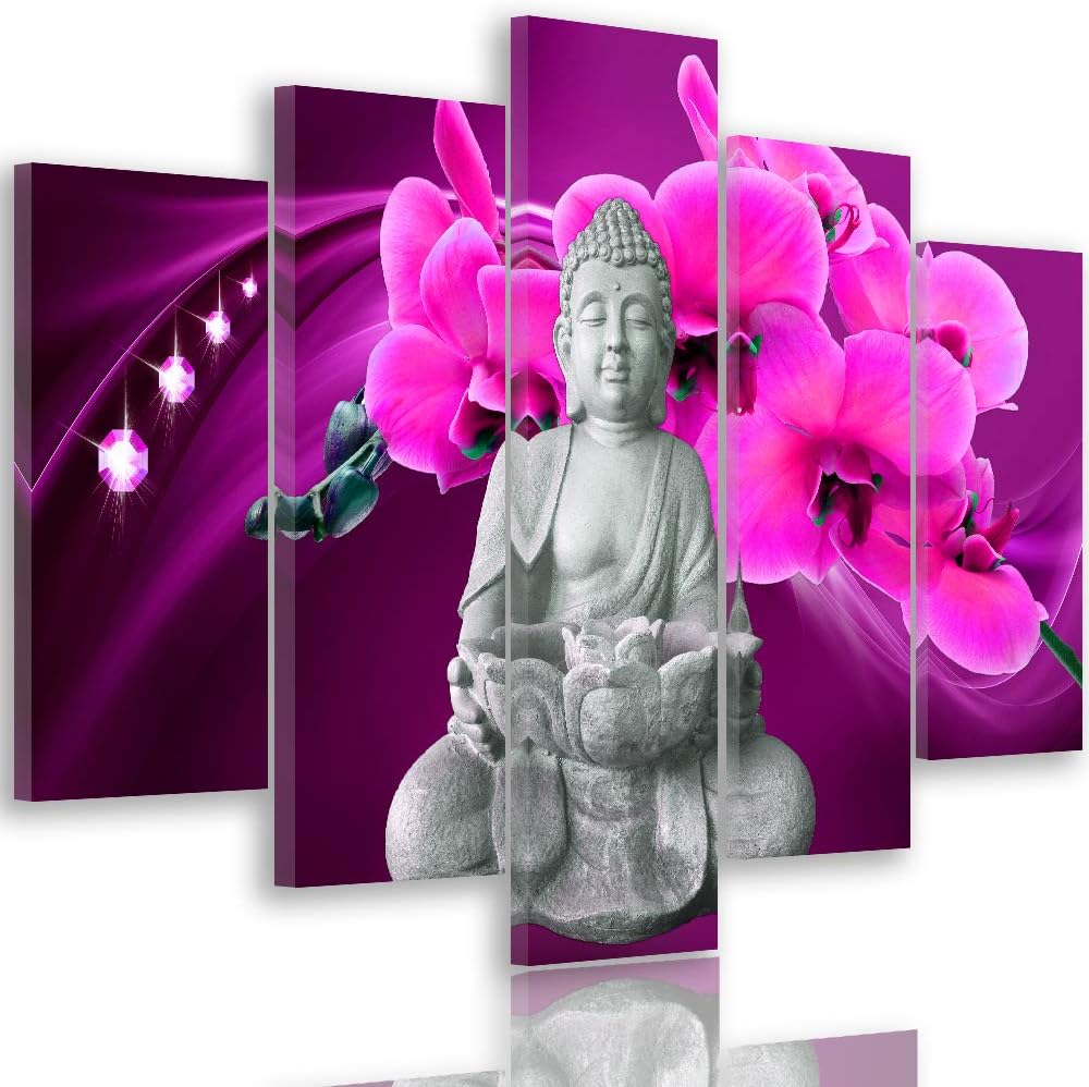 Feeby Bilder Buddha 200x100 cm Leinwandbild 5 Teilig XXL Kunstdruck modern Blumen rosa Leinwandbild