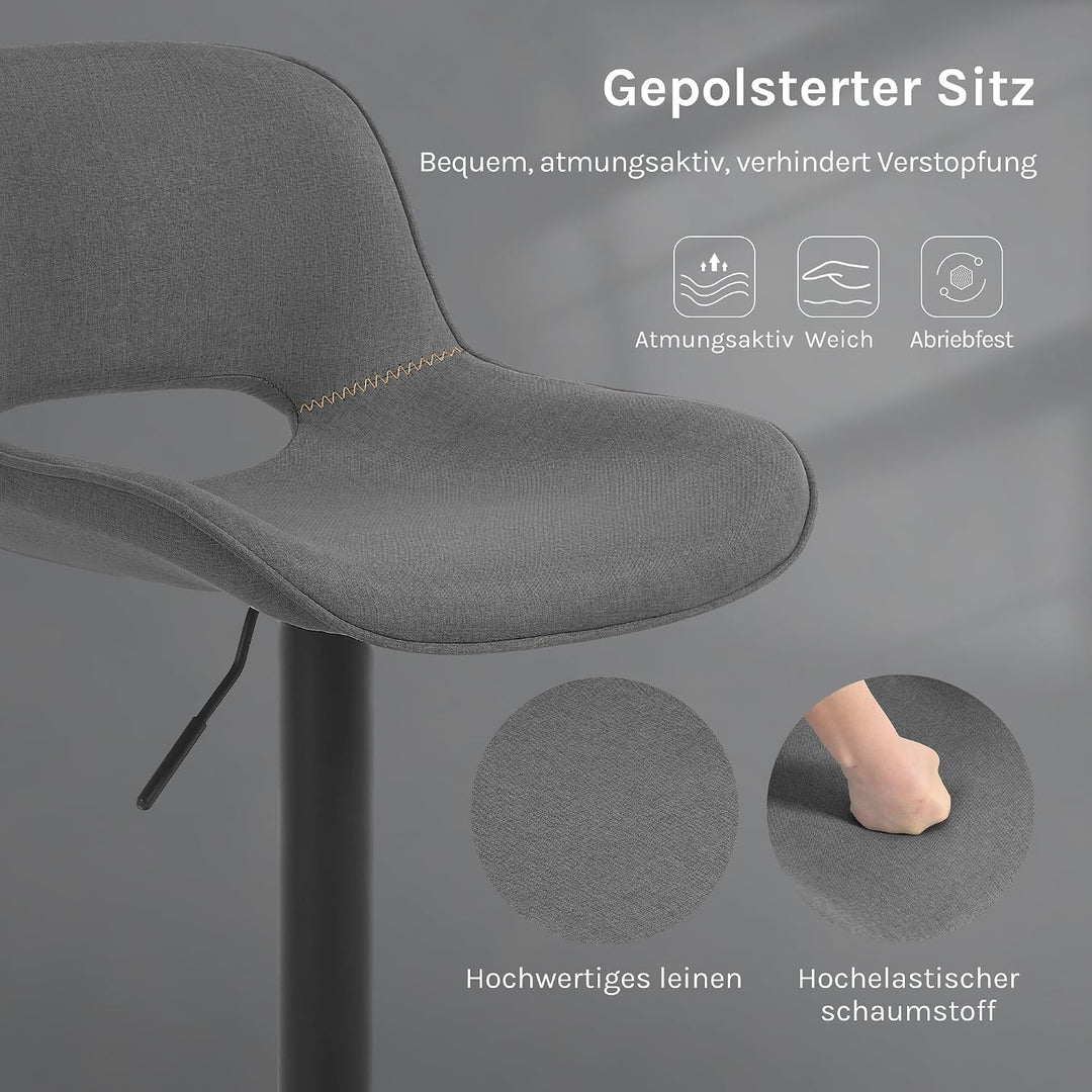WOLTU Barhocker 2er Set, höhenverstellbar, mit Rückenlehne, Leinen, Grau | Barstuhl mit Fussstütze,